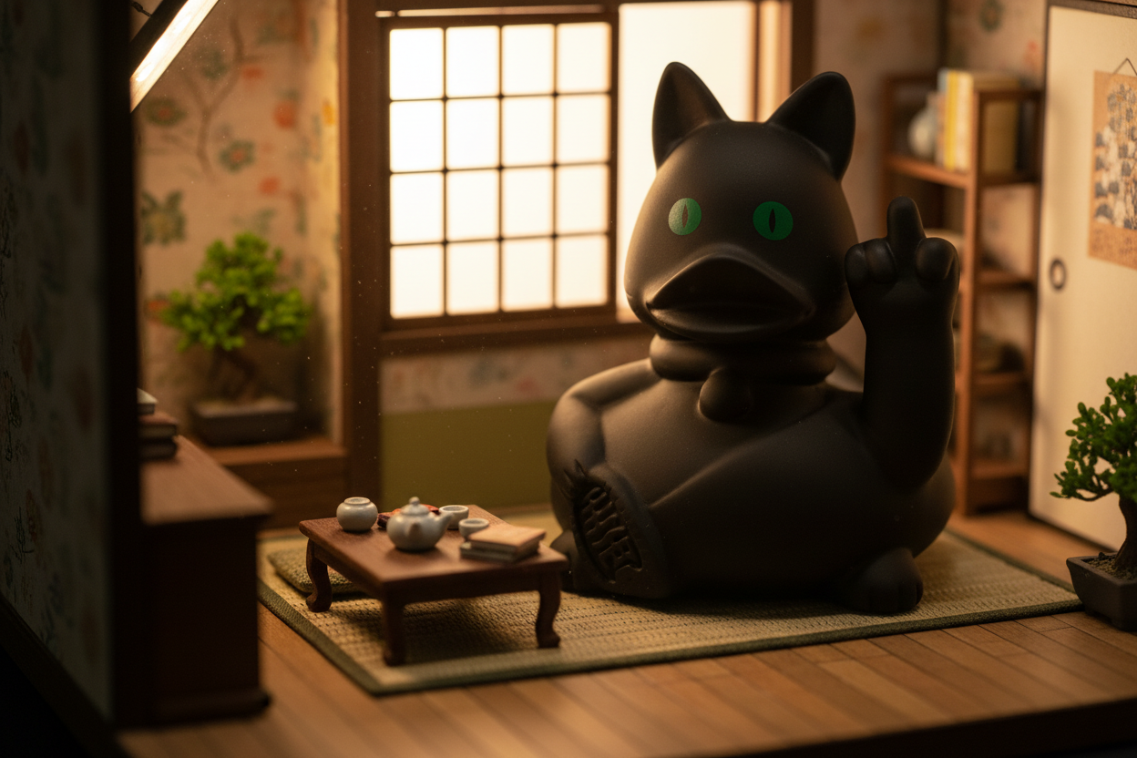 Verrückte Katze, schwarze Ente