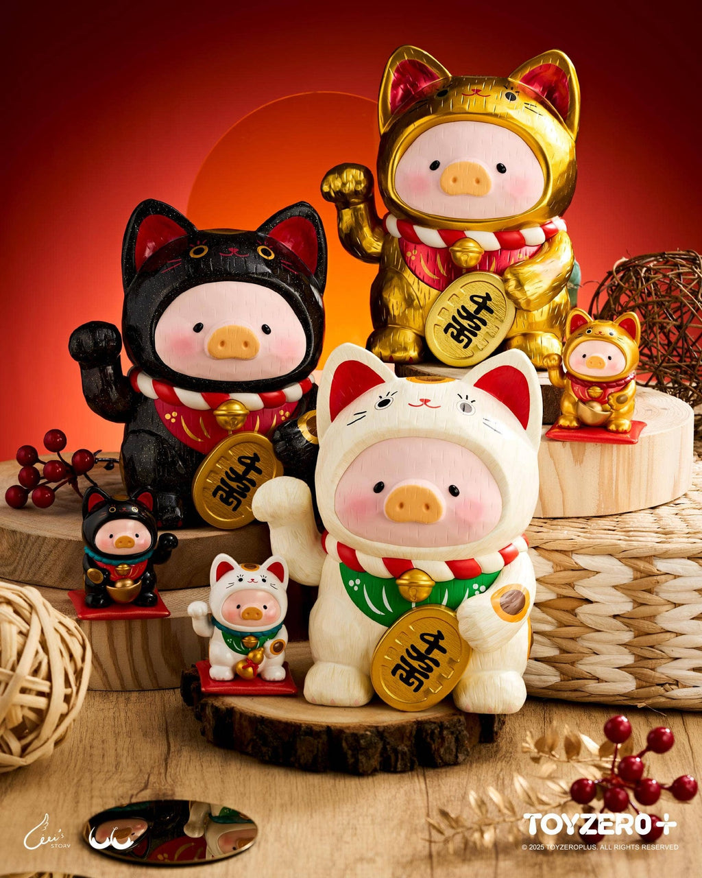 LuLu le Cochonnet - Maneki Lu (chat doré) — sculpture en bois 18cm