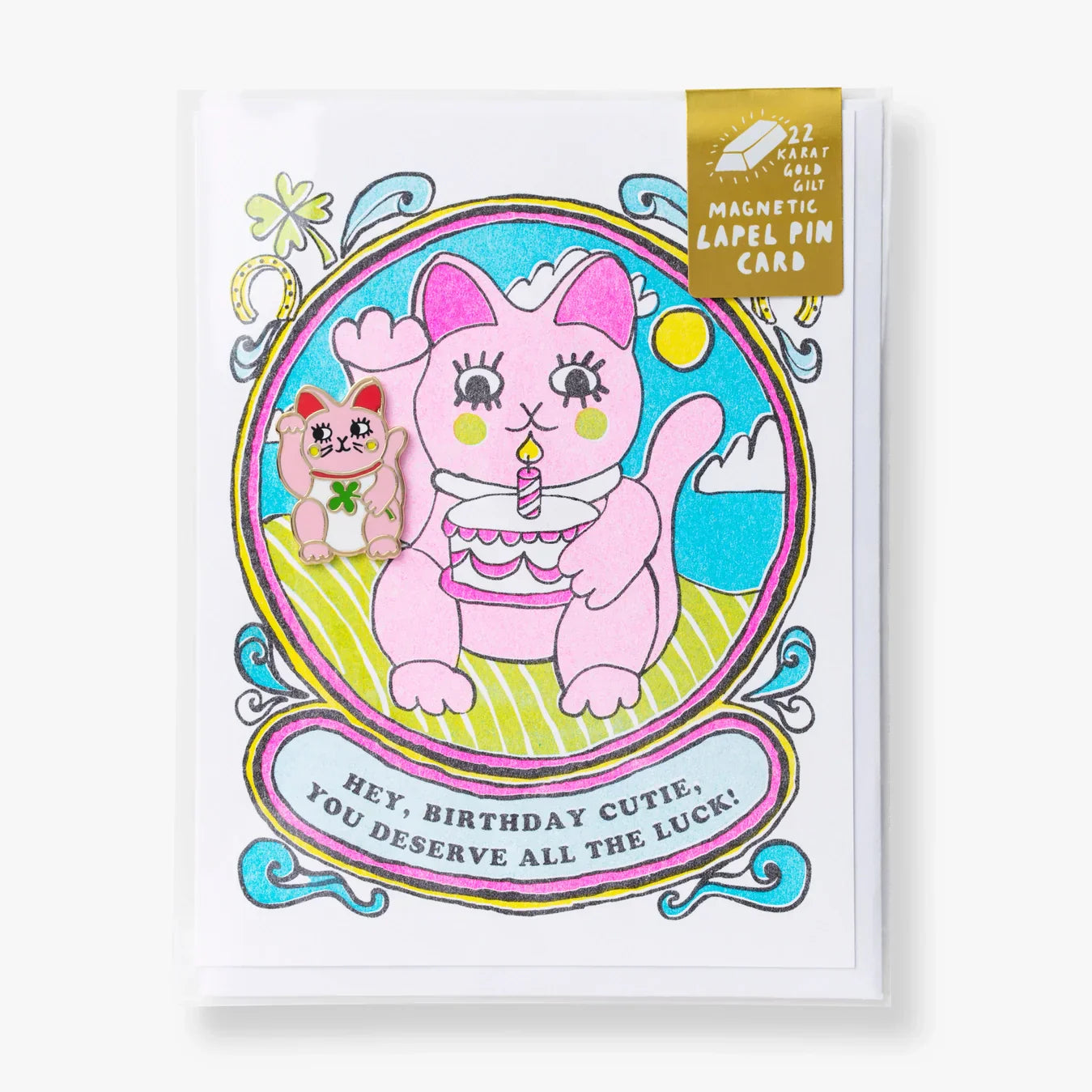 Carte d’Anniversaire Chat Chanceux avec Pin's