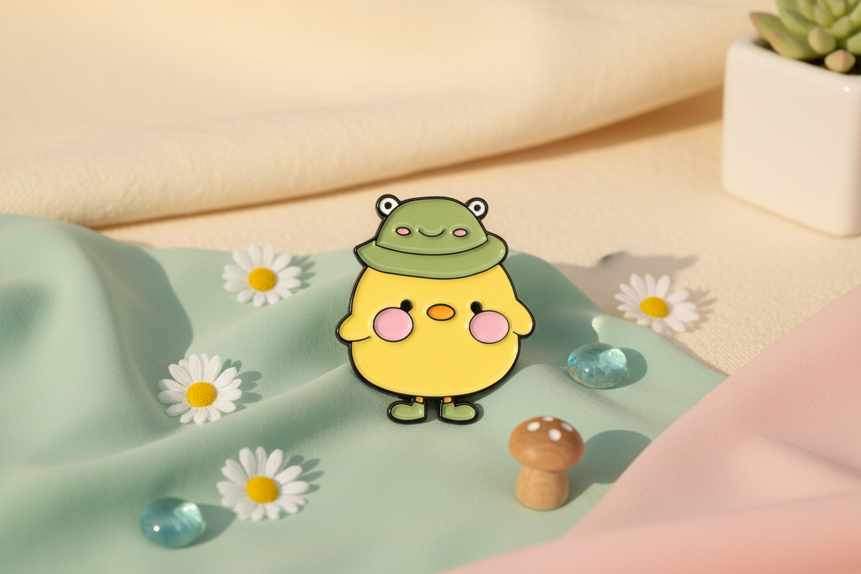 Gelbe Ente im Frosch-Outfit Button