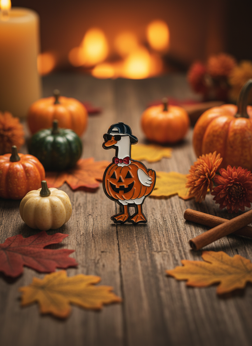 Halloween-Kürbis-Anstecknadel mit weißer Ente