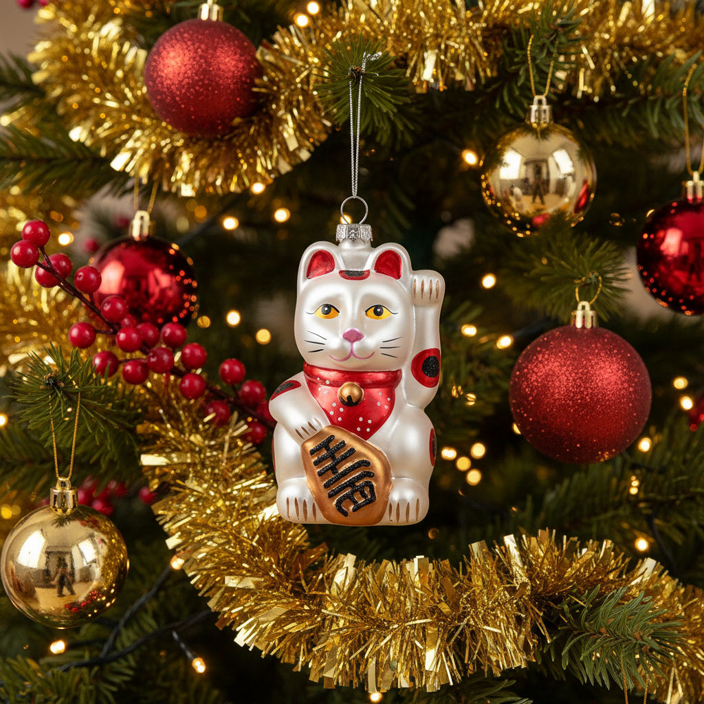 Boule de Noël Chat Chanceux Blanc