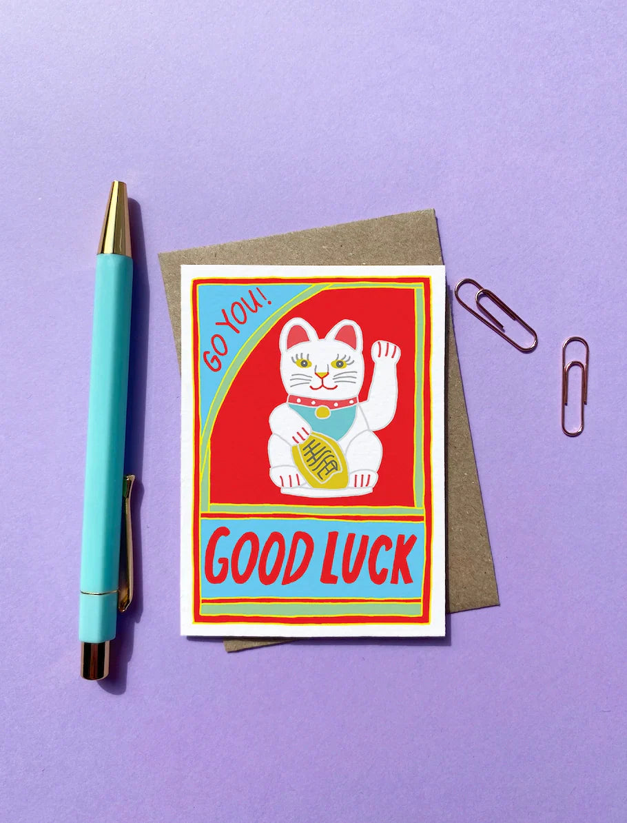 Petite Carte de vœux Chat Chanceux "Good Luck"